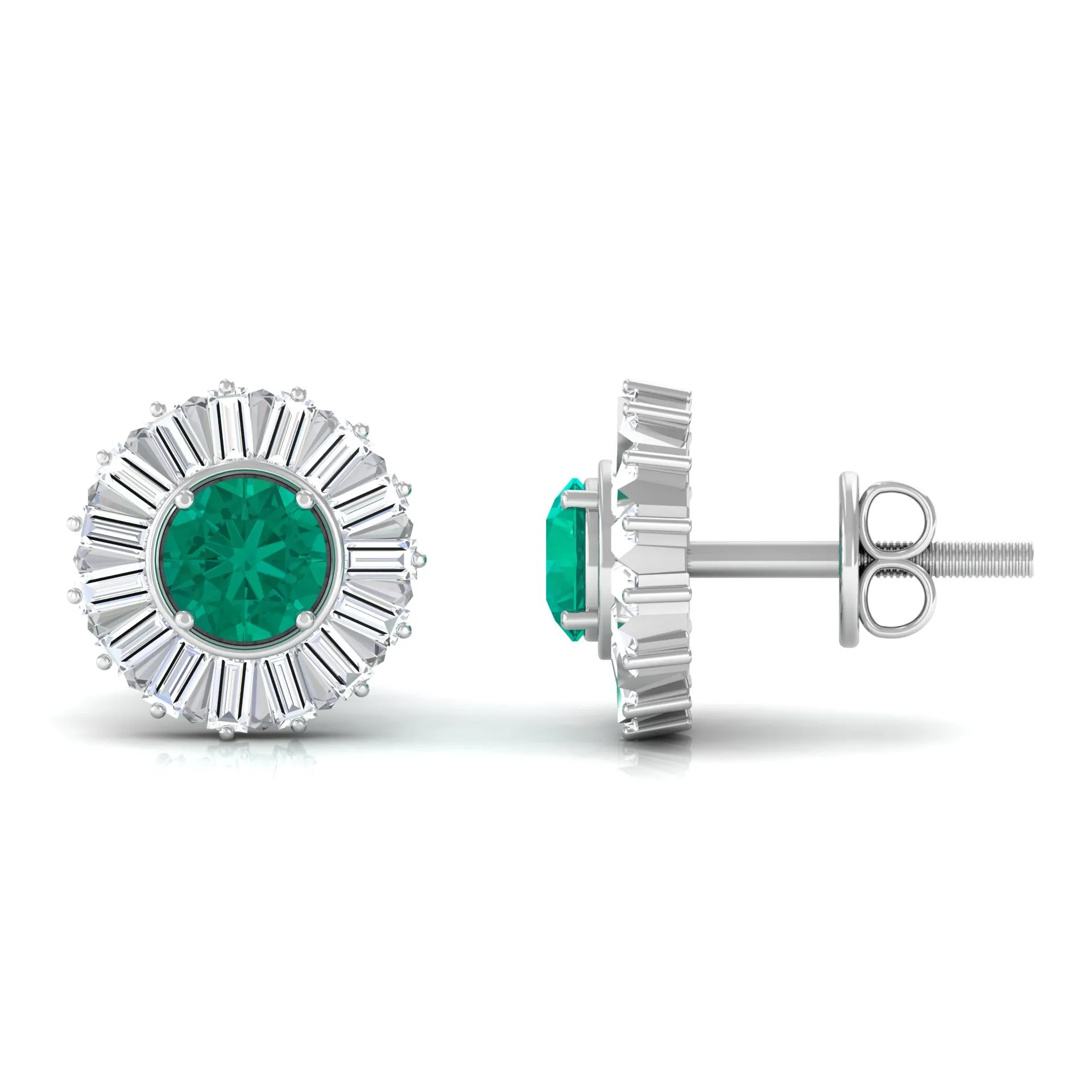 1 CT Prong Set Emerald Stud Earrings with Baguette Diamond Halo