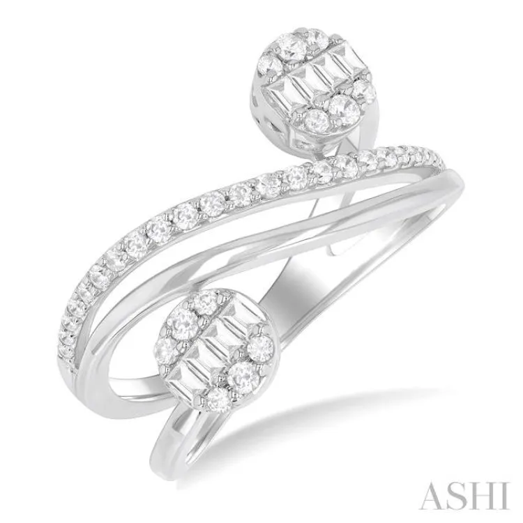 1/2 Ctw Bypass Fusion Baguette and Round Cut Diamond Fashion Open Wrap Ring in 14K White Gold