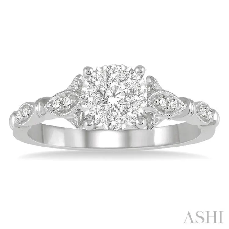 1/2 ctw Marquise Shank Circular Mount Lovebright Round Cut Diamond Ring in 14K White Gold