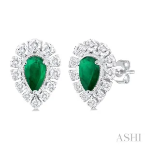 1/3 ctw Pear Cut 5X3MM Emerald and Round Cut Diamond Precious Stud Earring in 14K White Gold