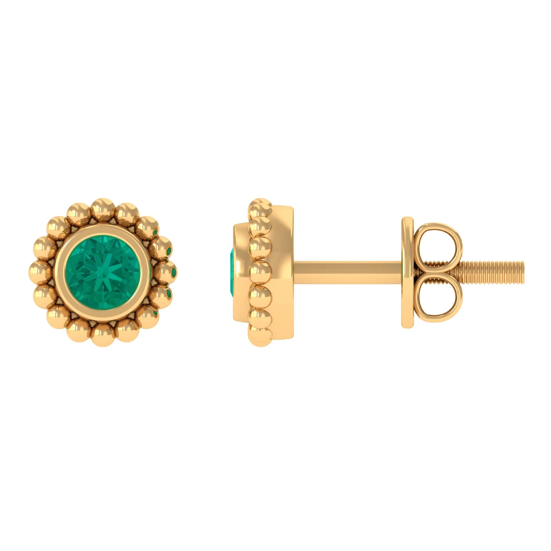 1/4 CT Gold Beaded Bezel Set Emerald Stud Earrings