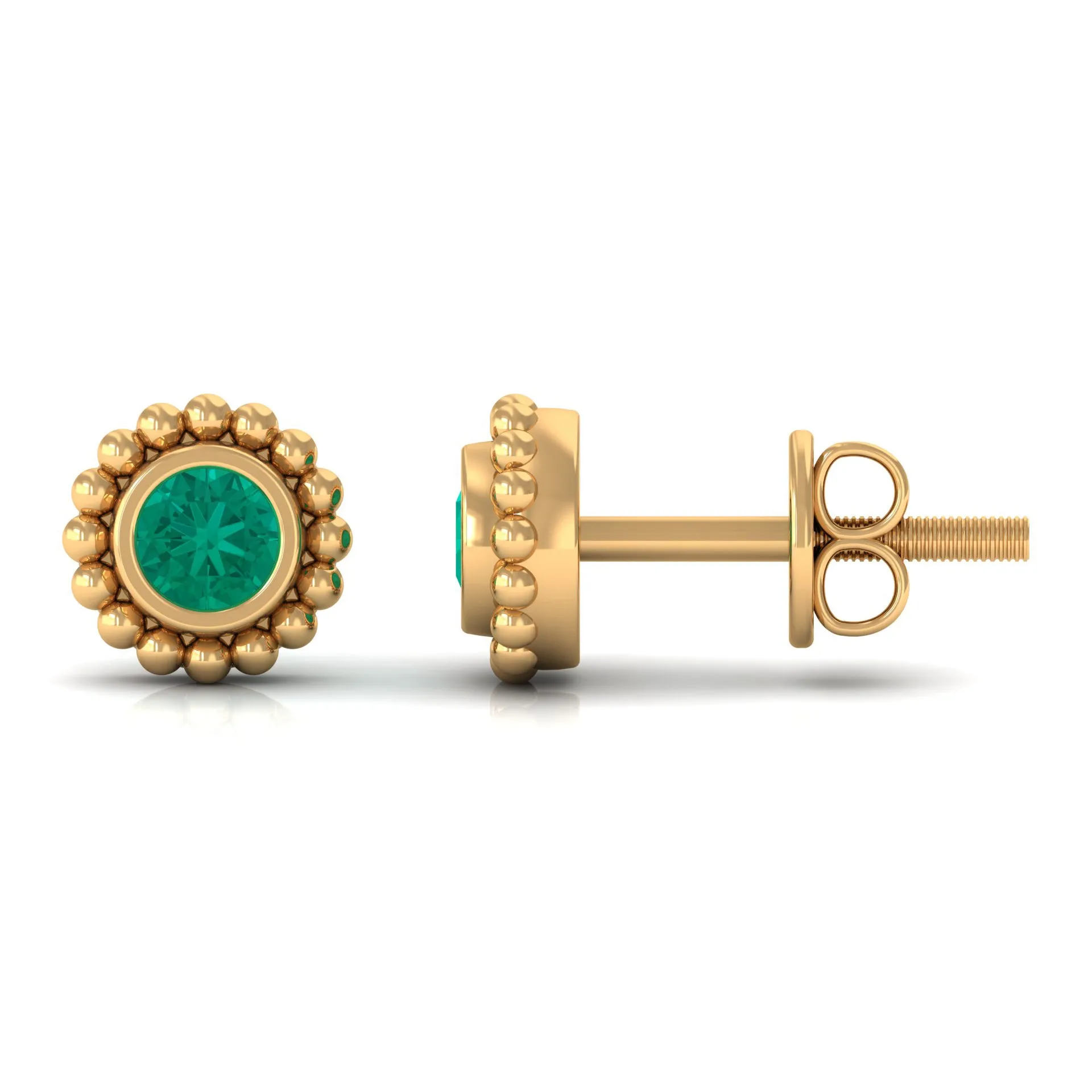 1/4 CT Gold Beaded Bezel Set Emerald Stud Earrings