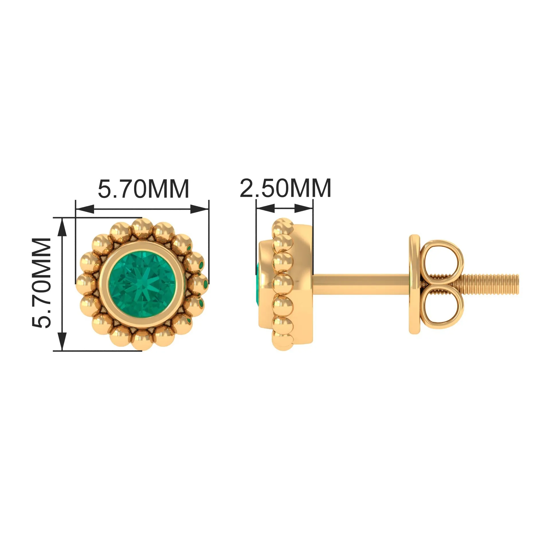 1/4 CT Gold Beaded Bezel Set Emerald Stud Earrings