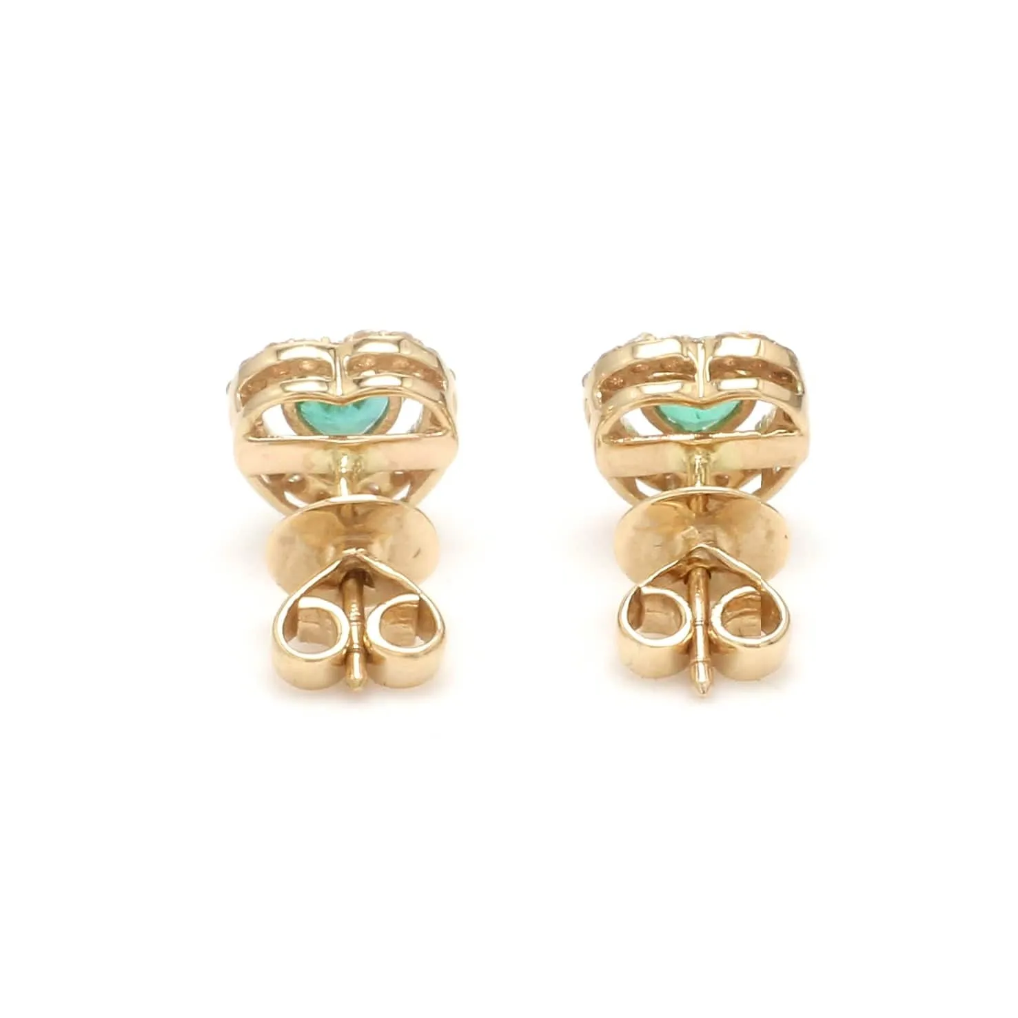 14K & 18K Gold Emerald Heart and Halo Diamond Stud Earrings