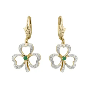 14K Diamond Emerald Shamrock Drop Earrings