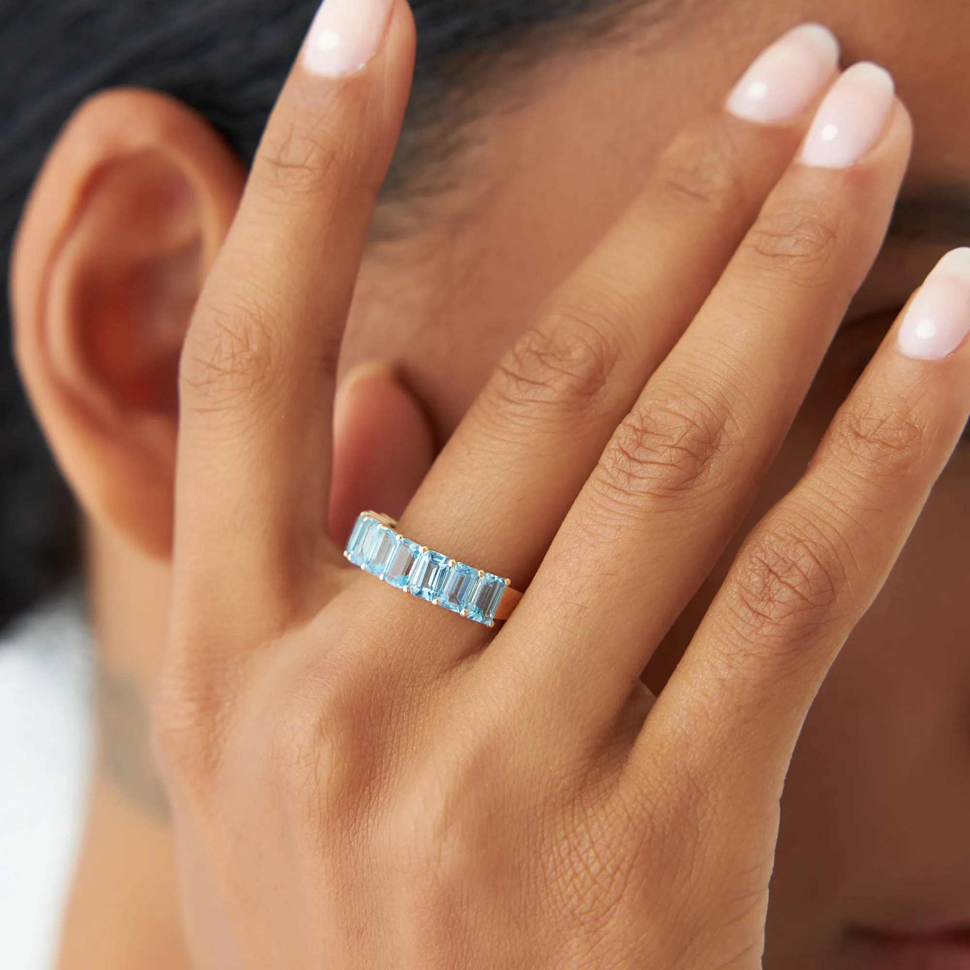 14k Emerald Cut Swiss Blue Topaz Nine Stone Ring 3.00ctw