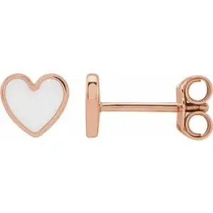 14K Rose Gold White Enamel Heart Earrings