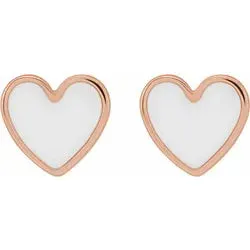 14K Rose Gold White Enamel Heart Earrings