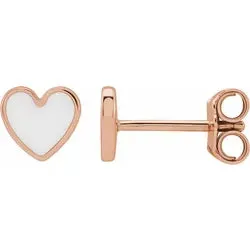 14K Rose Gold White Enamel Heart Earrings