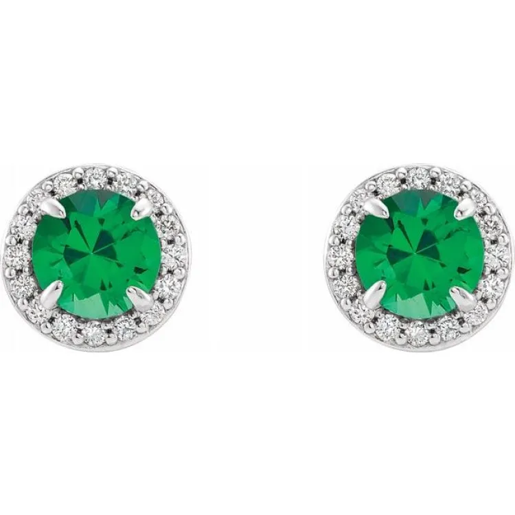 14K White 3.5 mm Lab-Grown Emerald & 1/8 CTW Natural Diamond Earrings