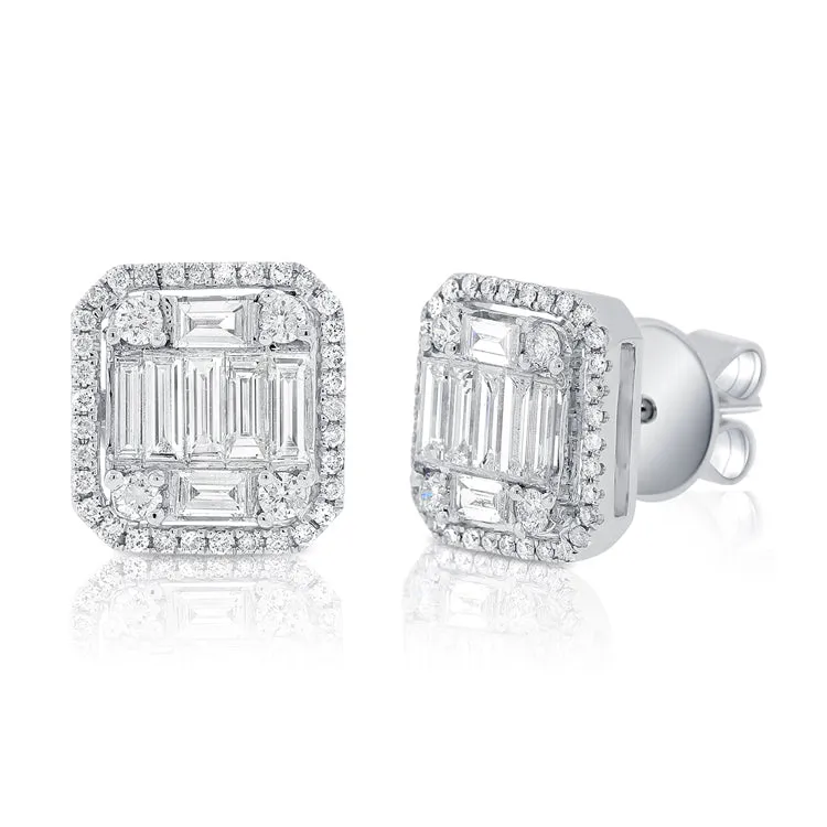 14K White Gold Round Baguette Diamond Large Earrings