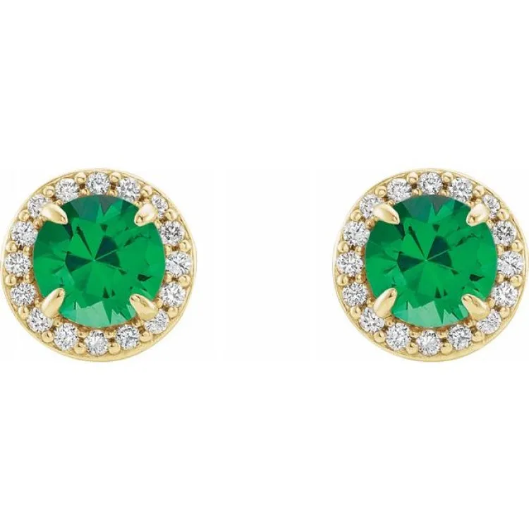 14K Yellow 4 mm Lab-Grown Emerald & 1/10 CTW Natural Diamond Earrings