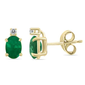 14K Yellow Gold 6X4Mm Oval Emerald And Diamond Earrings