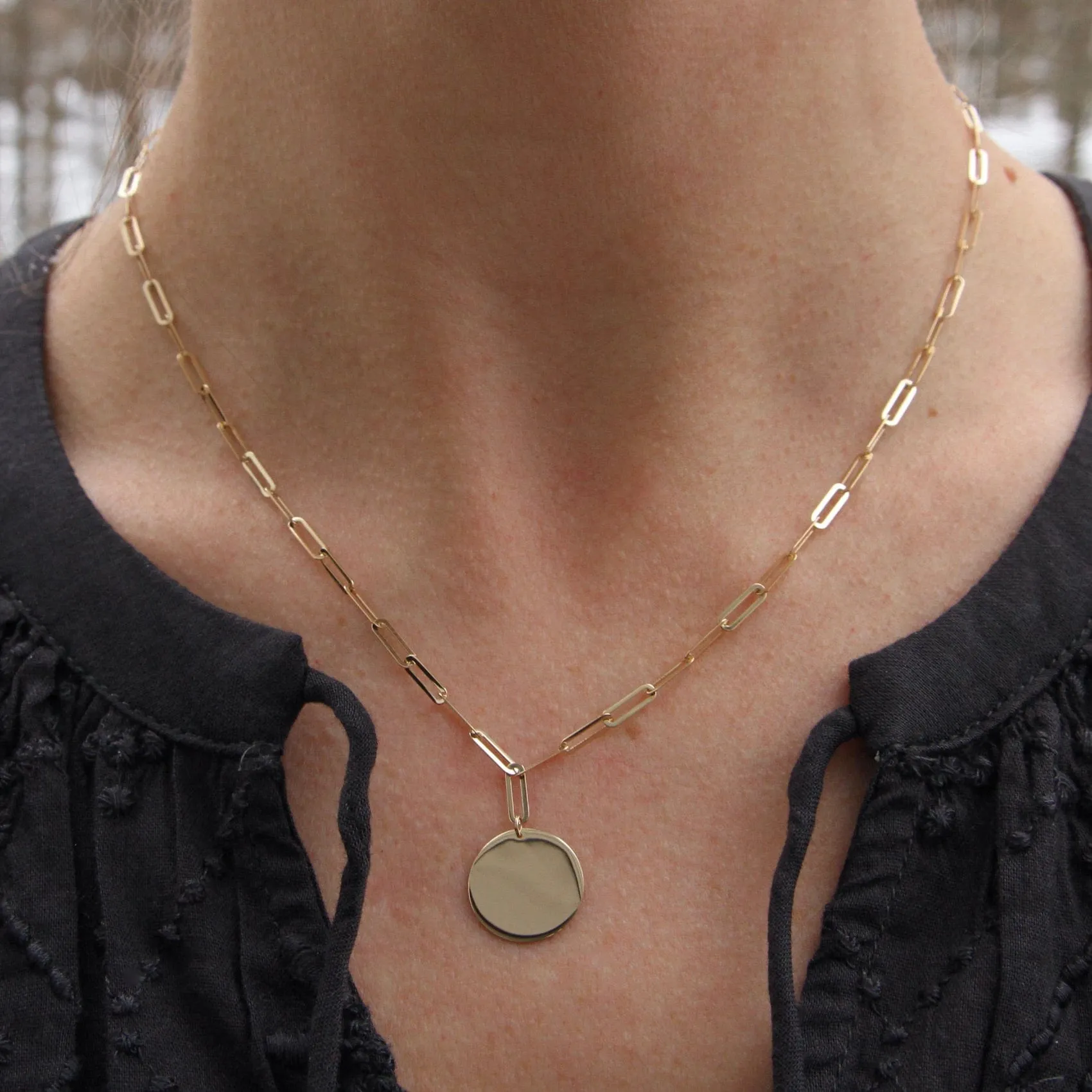 14k Yellow Gold Paperclip Chain with Round Disk Necklace