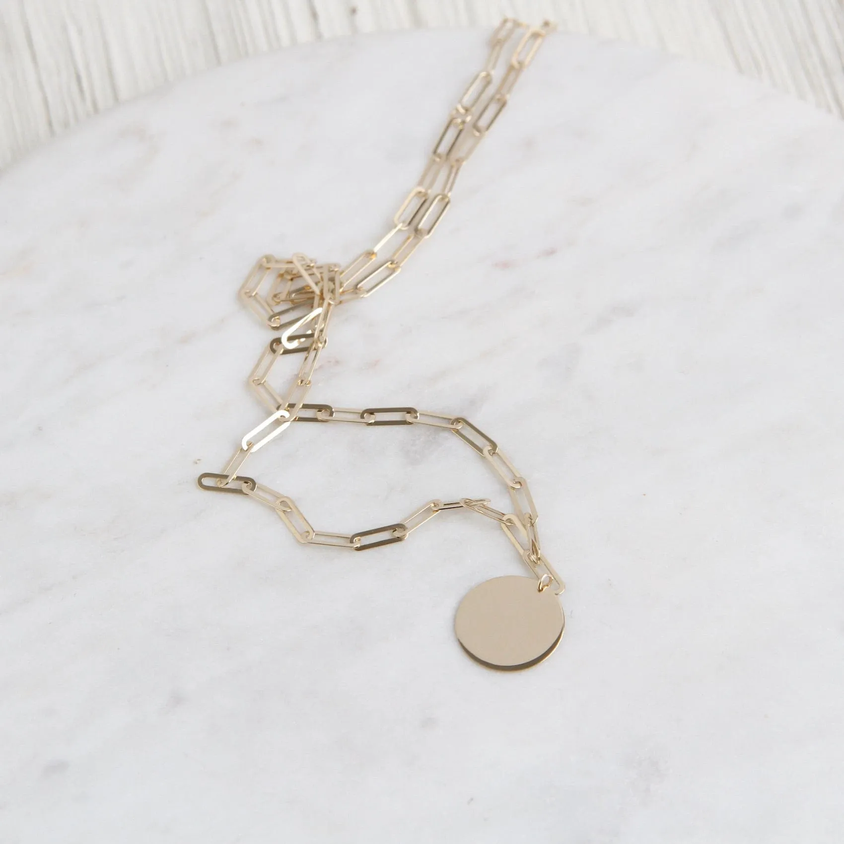 14k Yellow Gold Paperclip Chain with Round Disk Necklace