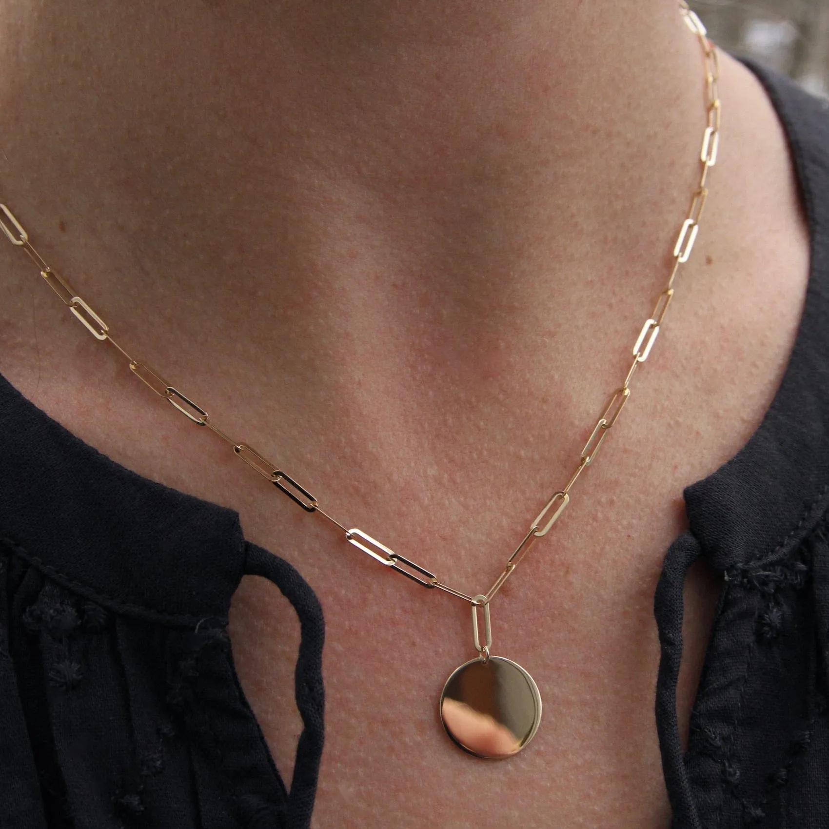 14k Yellow Gold Paperclip Chain with Round Disk Necklace