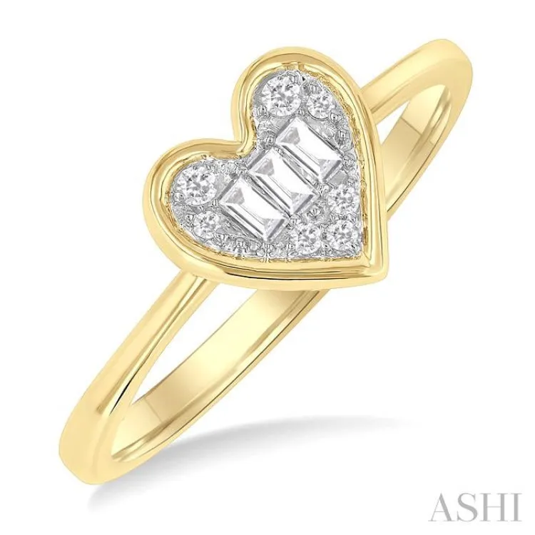 1/6 Ctw Petite Bezel Set Heart Shape Fusion Baguette and Round Cut Diamond Fashion Ring in 10K Yellow Gold