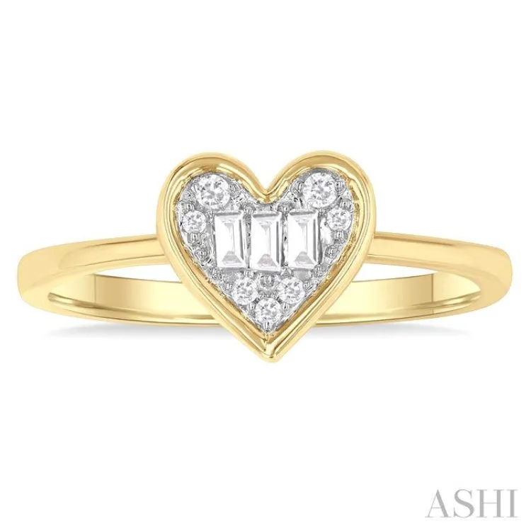 1/6 Ctw Petite Bezel Set Heart Shape Fusion Baguette and Round Cut Diamond Fashion Ring in 10K Yellow Gold