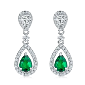 1.6CT Pear-Shaped Lab-Created Emerald Halo Drop Earrings in S925 Silver Plated Platinum