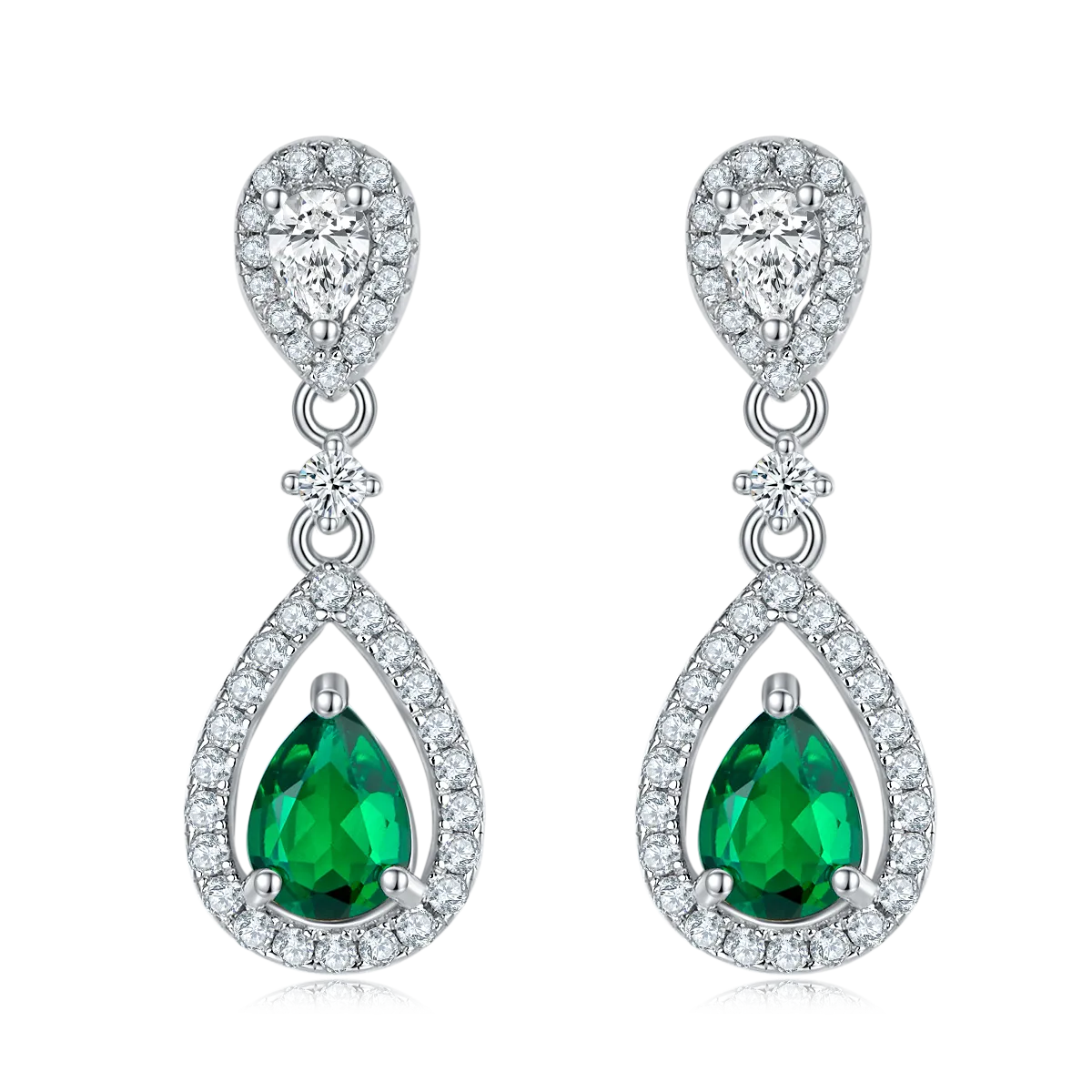 1.6CT Pear-Shaped Lab-Created Emerald Halo Drop Earrings in S925 Silver Plated Platinum