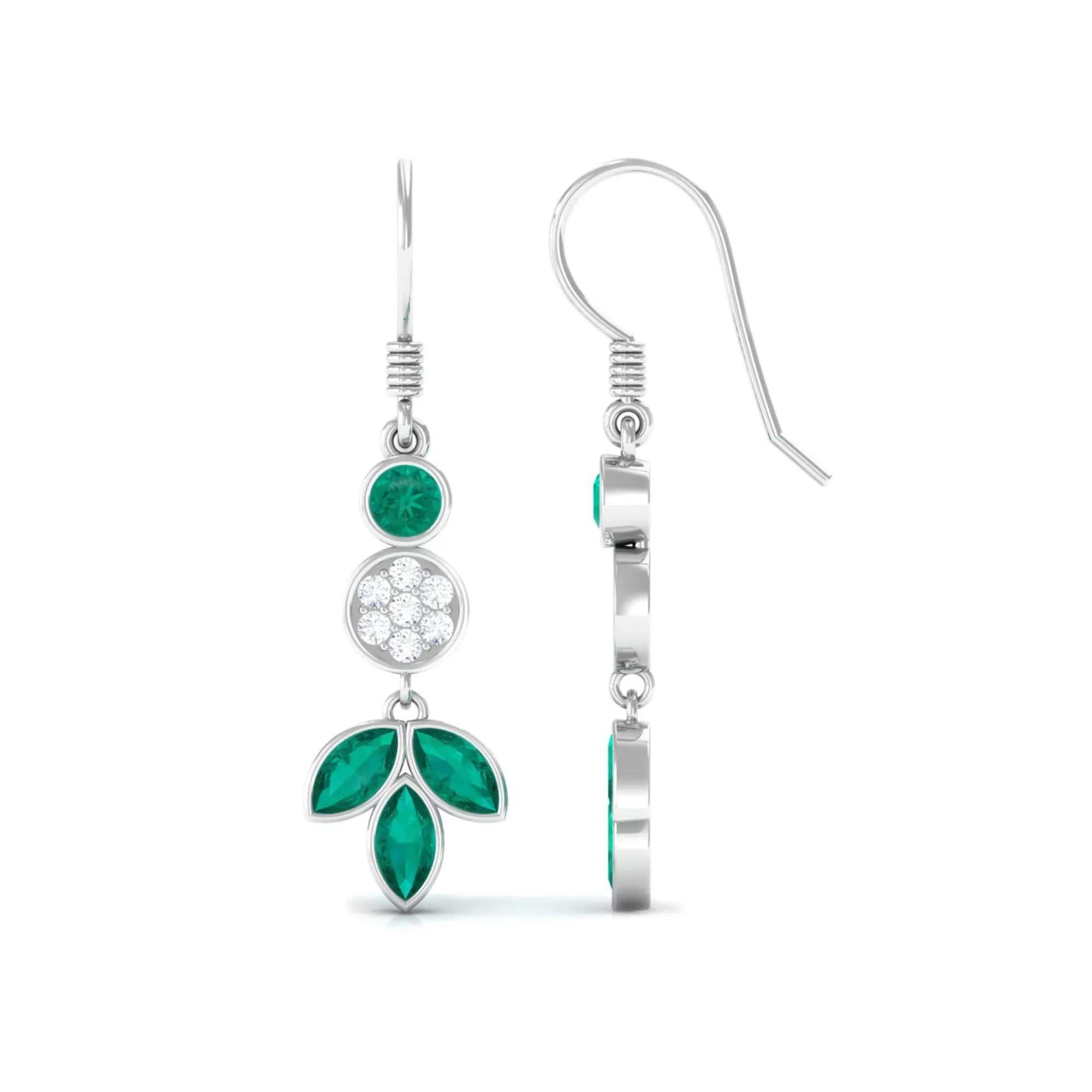 1.75 CT Bezel Set Emerald Leaf Dangle Earrings with Diamond