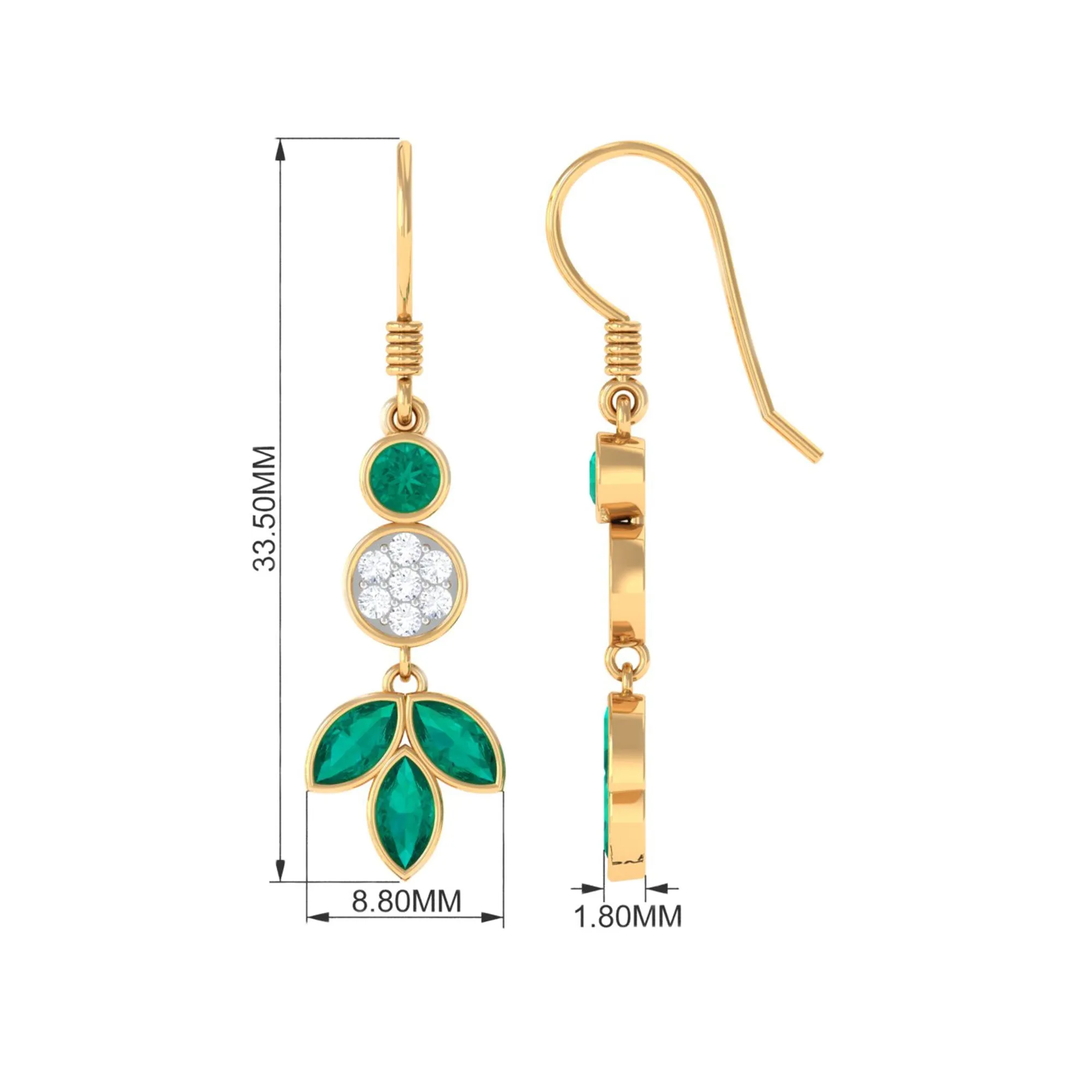 1.75 CT Bezel Set Emerald Leaf Dangle Earrings with Diamond