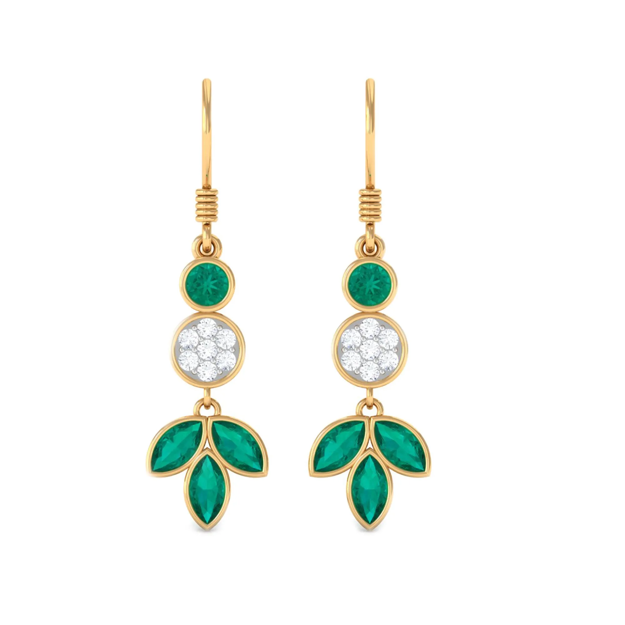 1.75 CT Bezel Set Emerald Leaf Dangle Earrings with Diamond