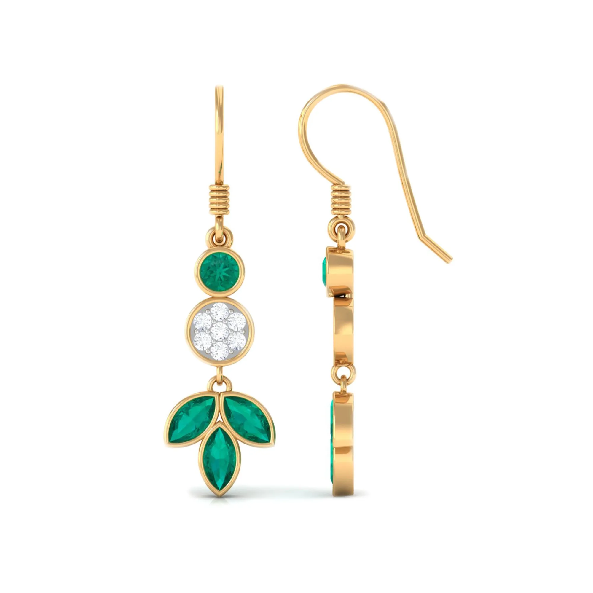 1.75 CT Bezel Set Emerald Leaf Dangle Earrings with Diamond