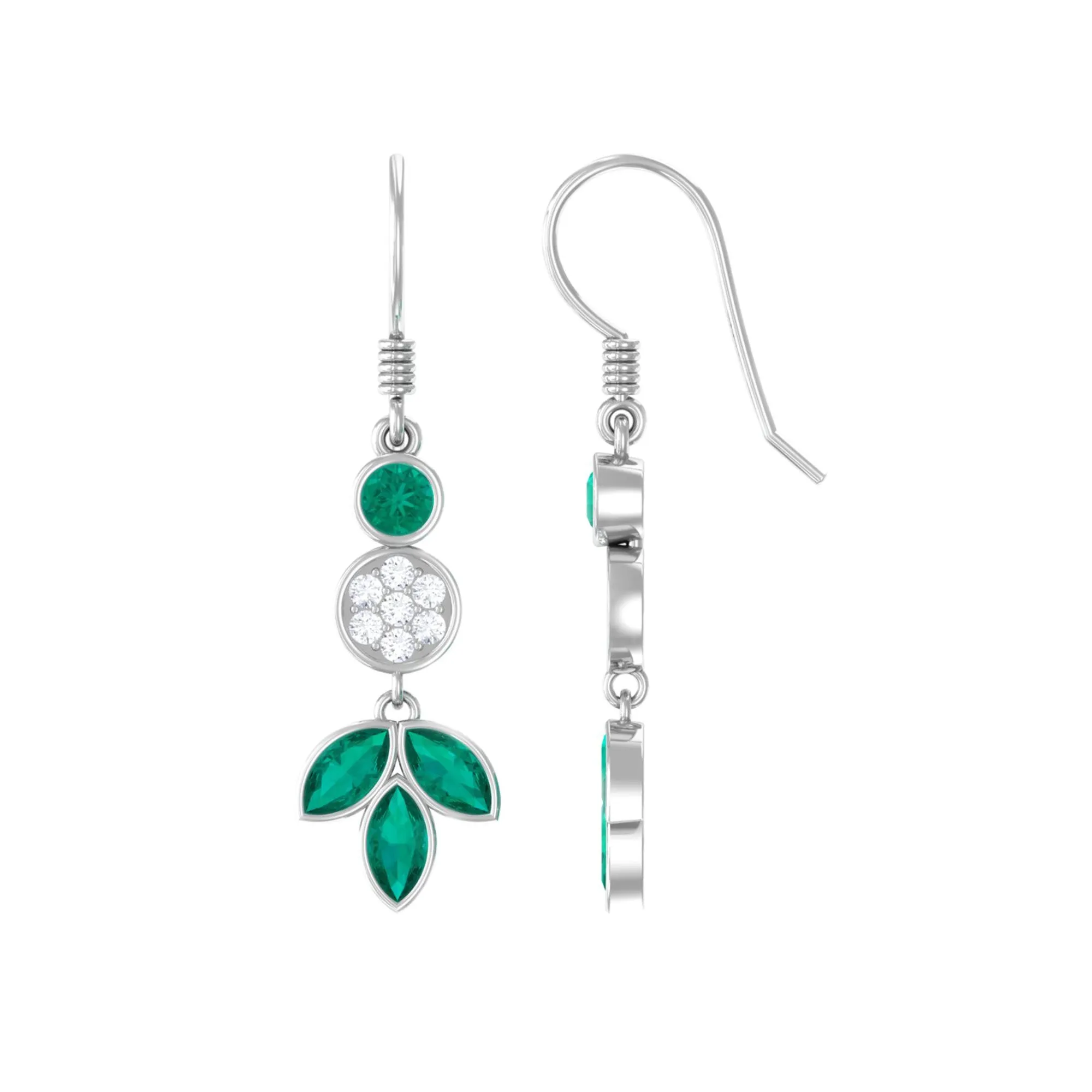 1.75 CT Bezel Set Emerald Leaf Dangle Earrings with Diamond