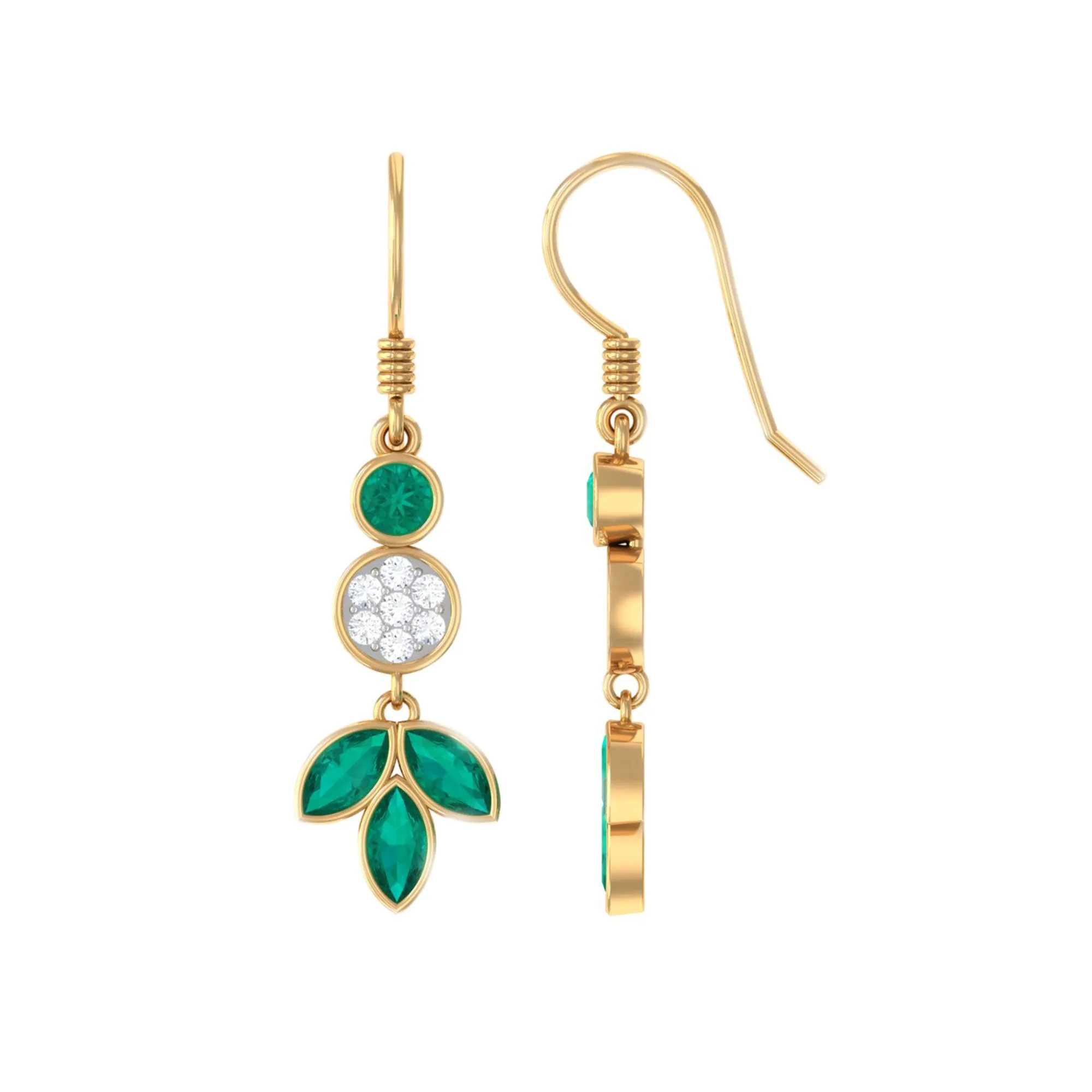 1.75 CT Bezel Set Emerald Leaf Dangle Earrings with Diamond