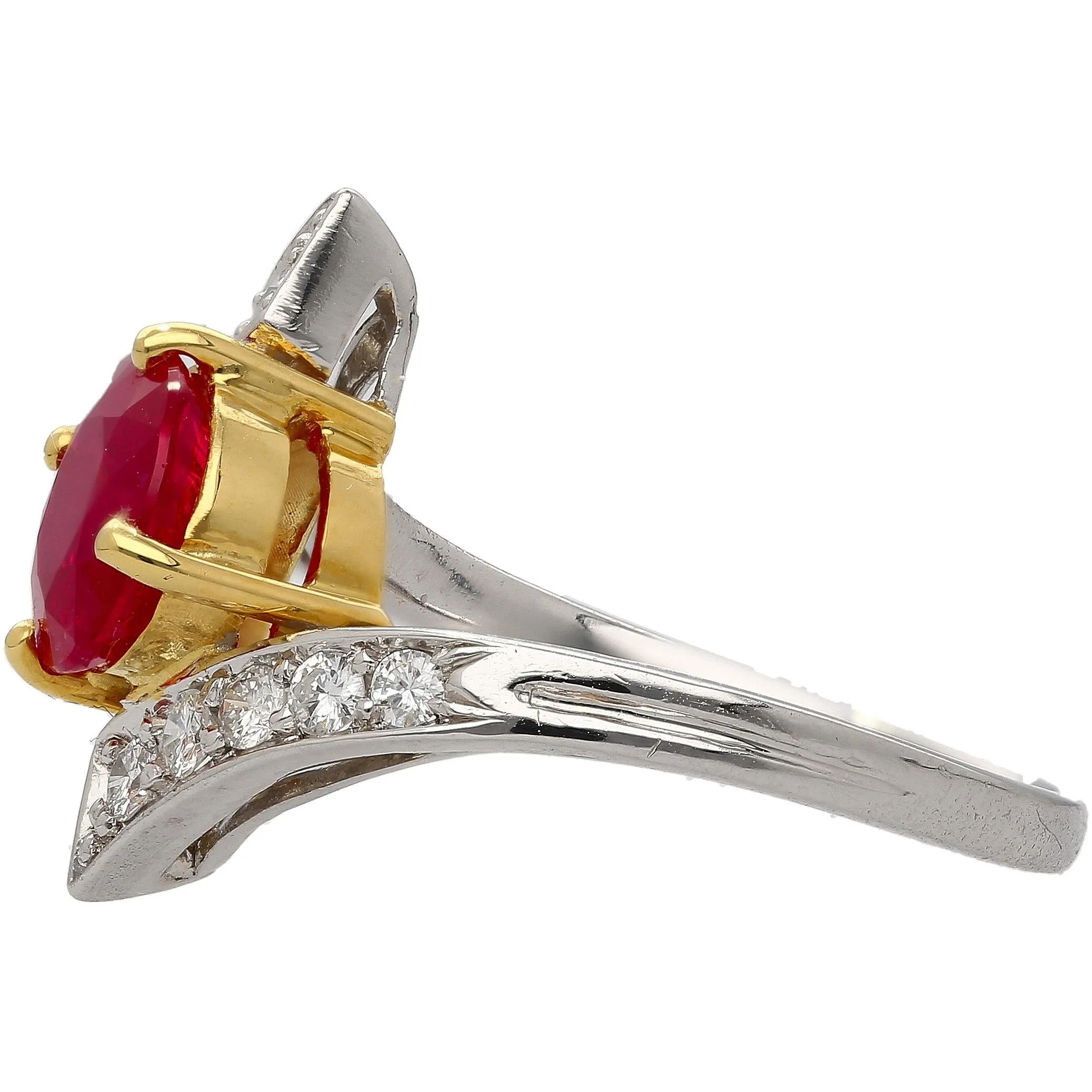 1.8 Carat Round Ruby Diamond Platinum and 18K Gold Bypass Ring