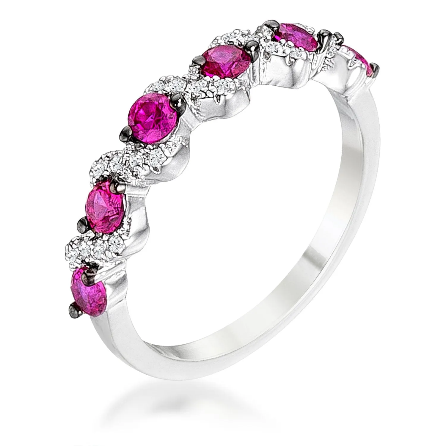 .18Ct Rhodium and Hematite Plated S Shape Fuchsia and Clear CZ Half Eternity Band