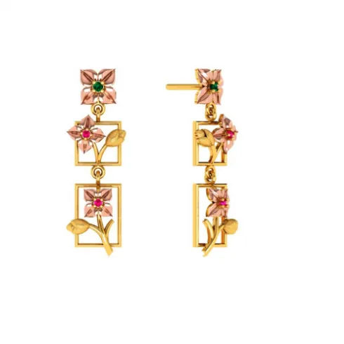 3 Tiered 22k Climber Gold Floral Earrings