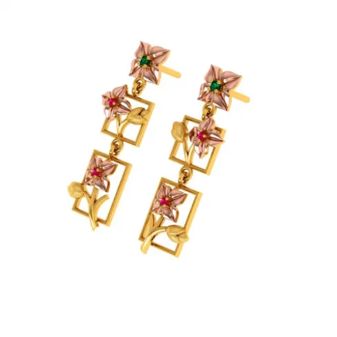 3 Tiered 22k Climber Gold Floral Earrings