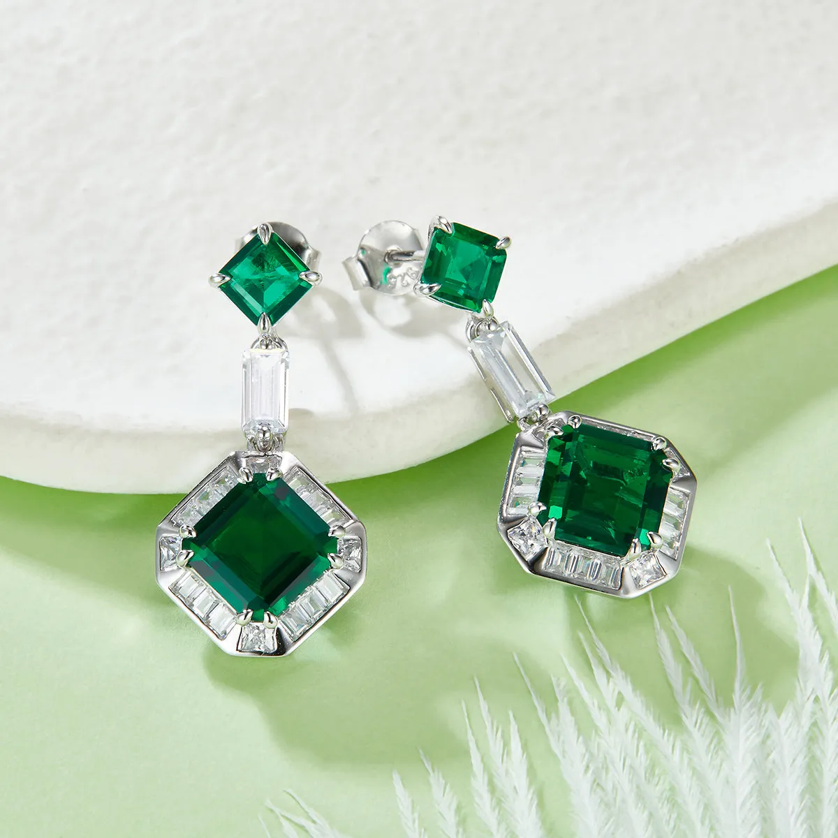 5.13 Carat Lab Created Emerald Asscher Cut Halo Earrings in Sterling Silver