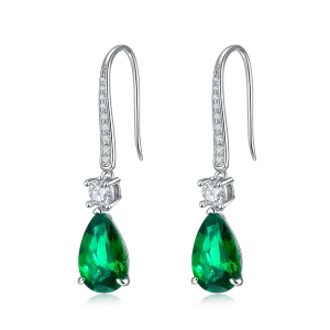 6.0 Carat Pear Shaped Lab Created Emerald Pendant in S925 Silver Plated Platinum Hook Earrings