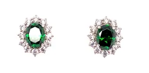 9ct White Gold Princess Di Emerald And Cz Stud Earrings