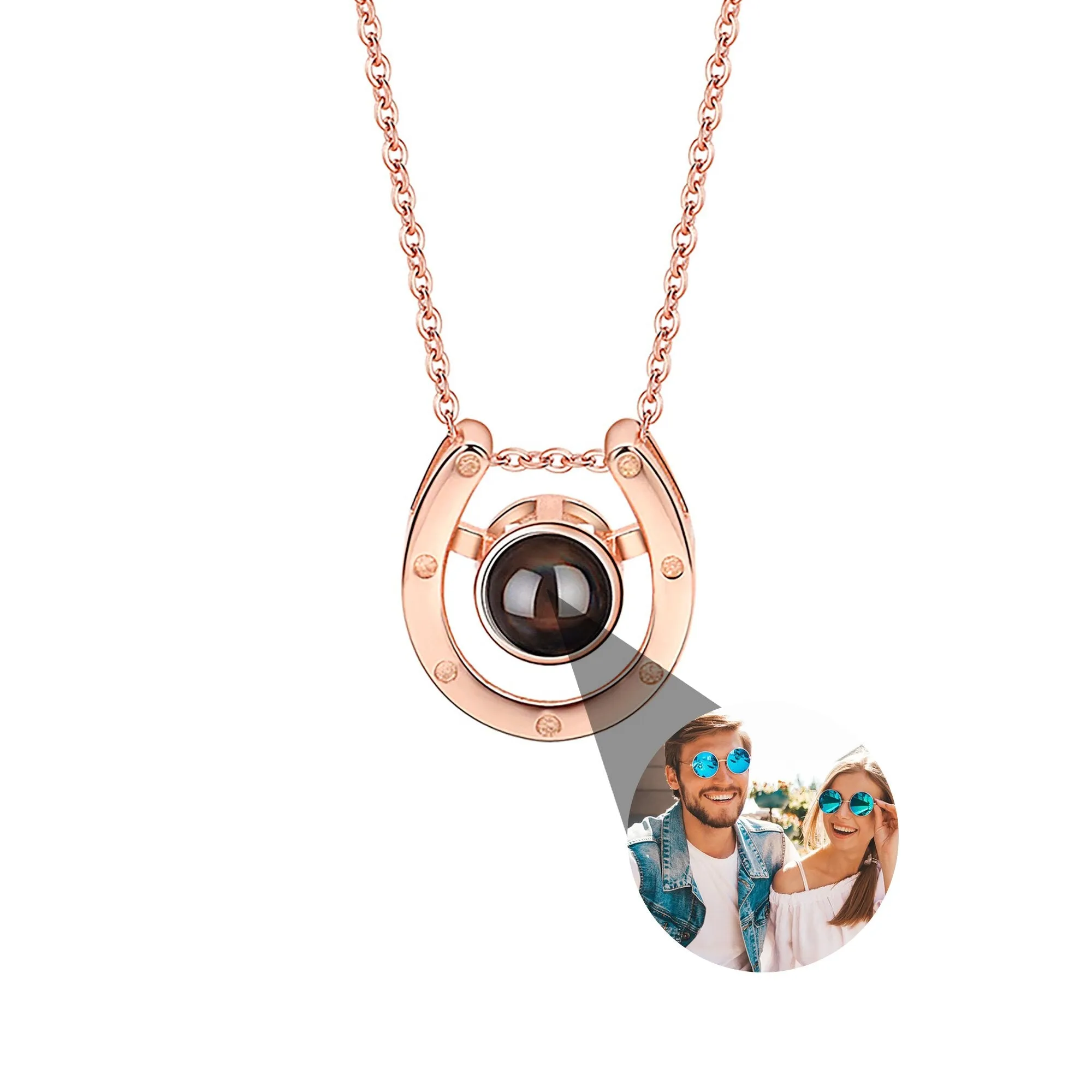 A horseshoe shaped projection necklace with customizable photos Valentine's Day Gift Photo Custom Projection Necklace Simple Hea