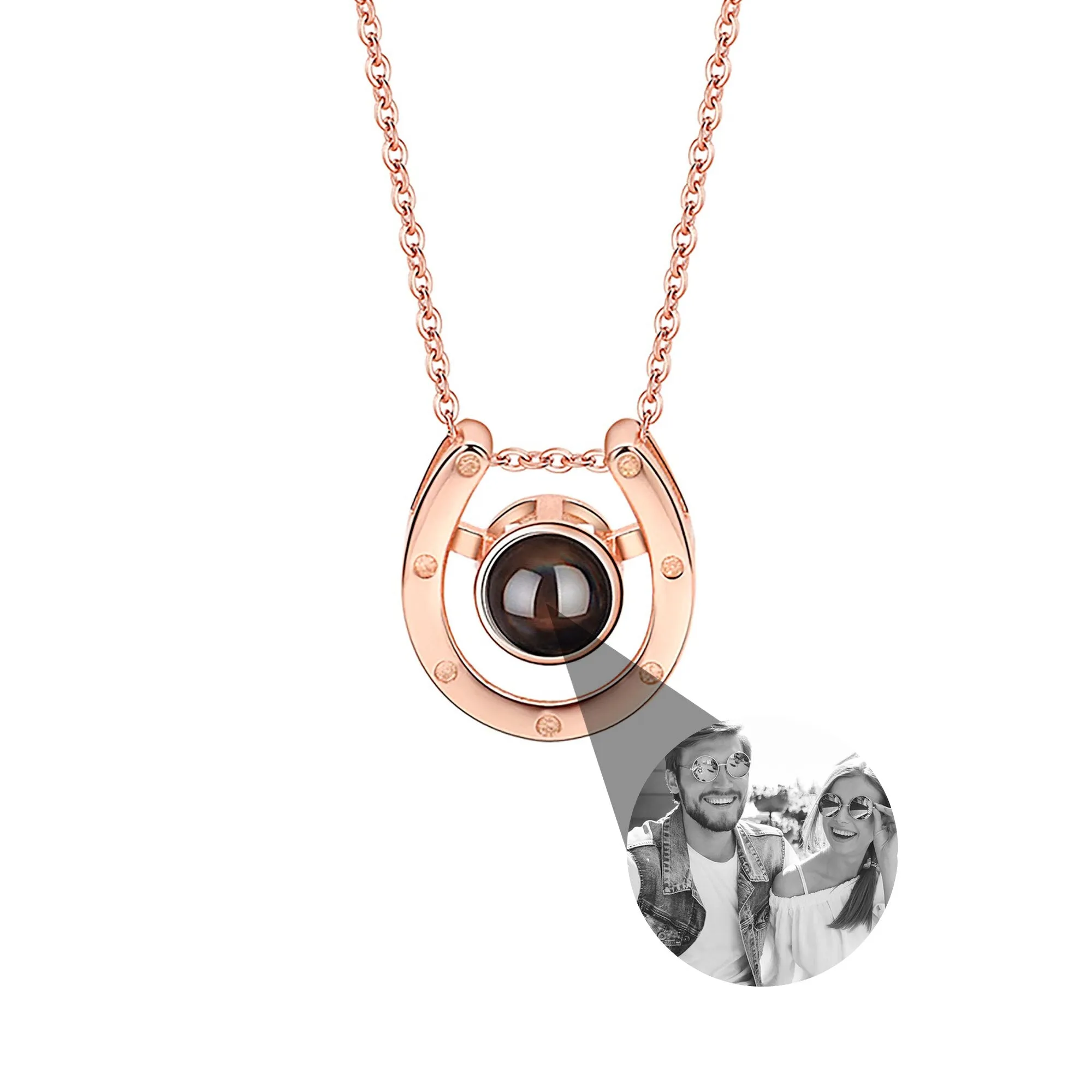 A horseshoe shaped projection necklace with customizable photos Valentine's Day Gift Photo Custom Projection Necklace Simple Hea