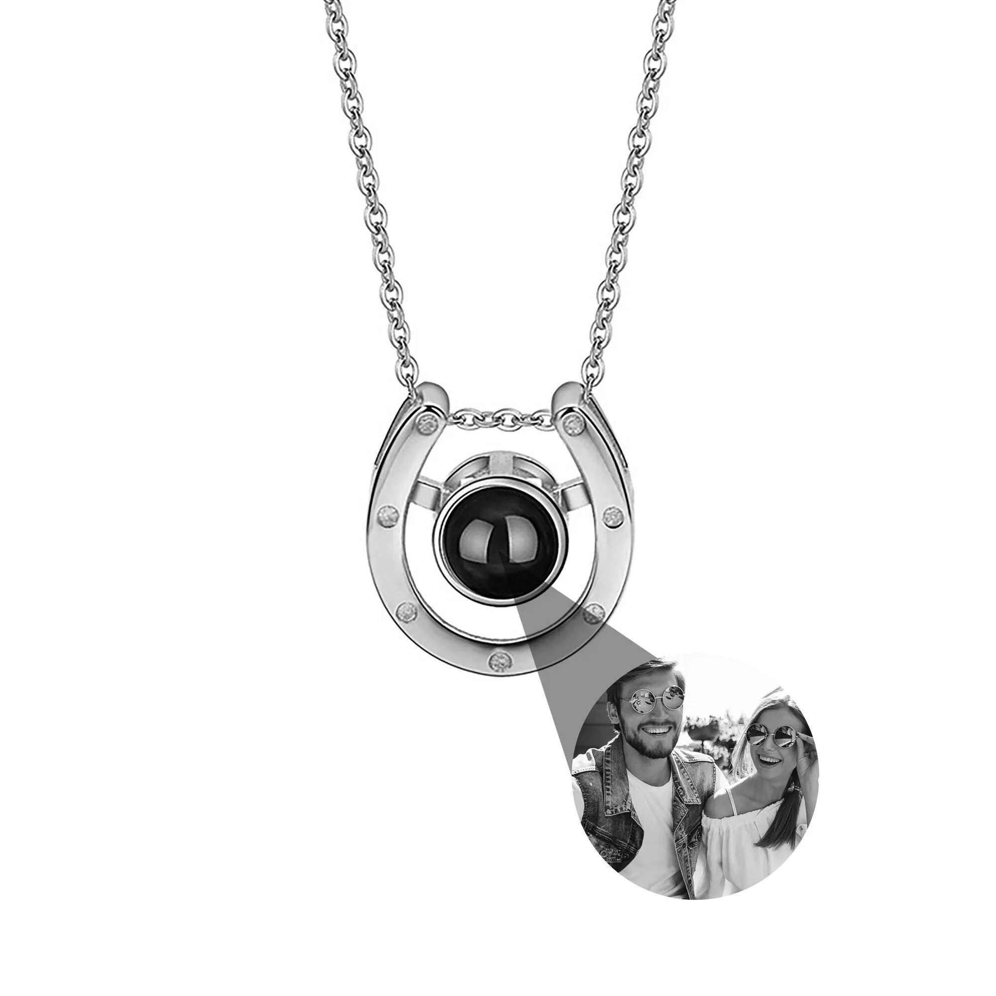 A horseshoe shaped projection necklace with customizable photos Valentine's Day Gift Photo Custom Projection Necklace Simple Hea