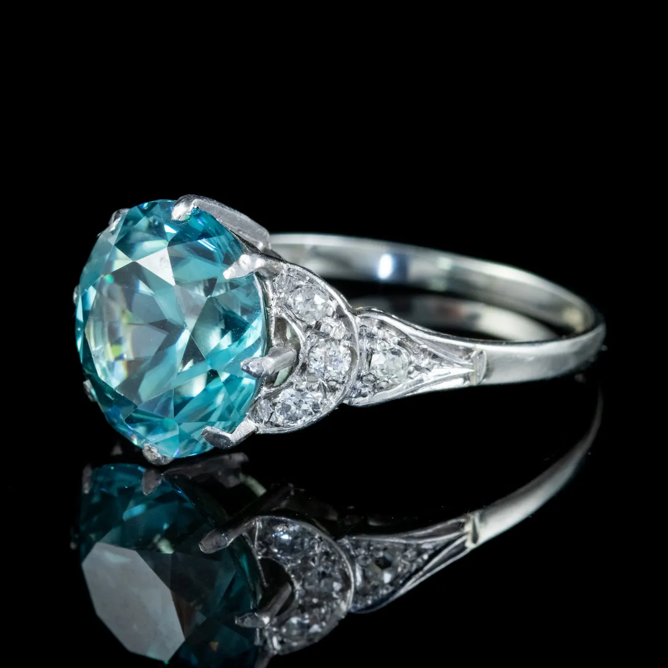 Antique French Blue Zircon Diamond Ring Platinum 18Ct Gold 6.80Ct Zircon Circa 1920