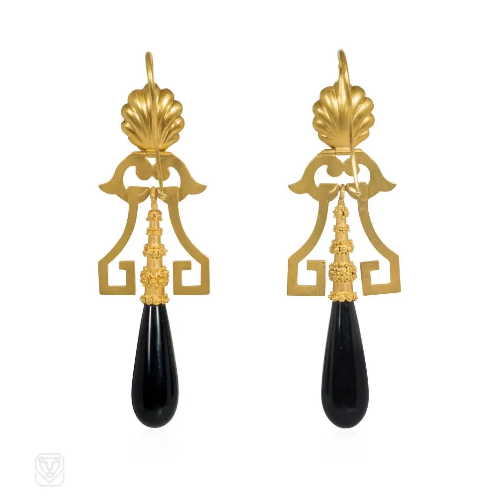 Antique French gold, pearl, and onyx pendant earrings