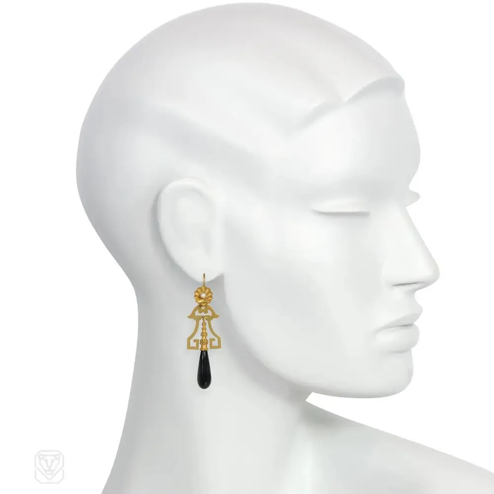 Antique French gold, pearl, and onyx pendant earrings