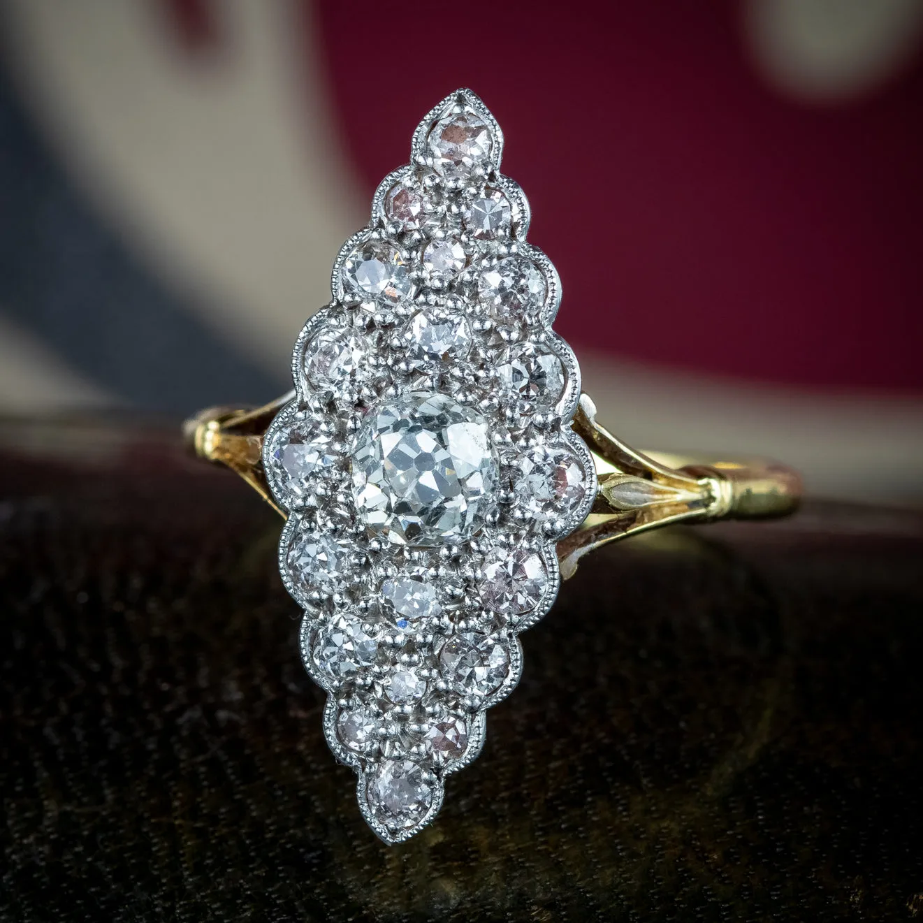 Antique Victorian Diamond Navette Cluster Ring 1.4ct Total