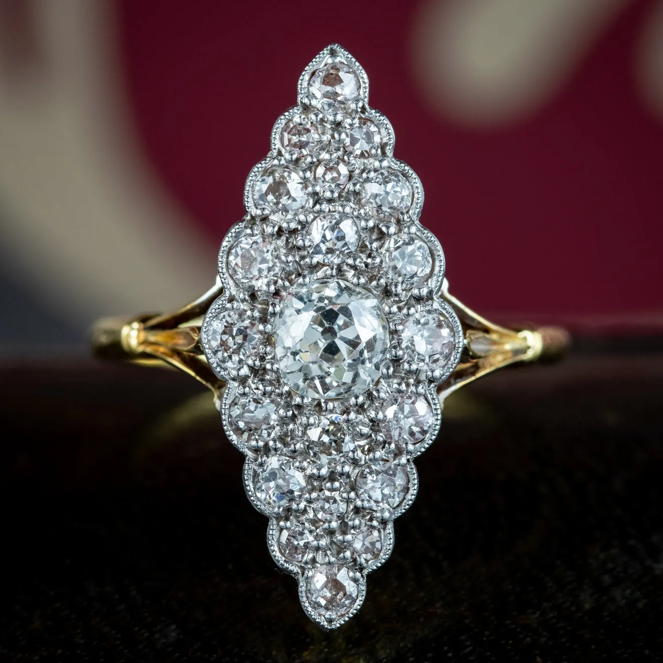 Antique Victorian Diamond Navette Cluster Ring 1.4ct Total