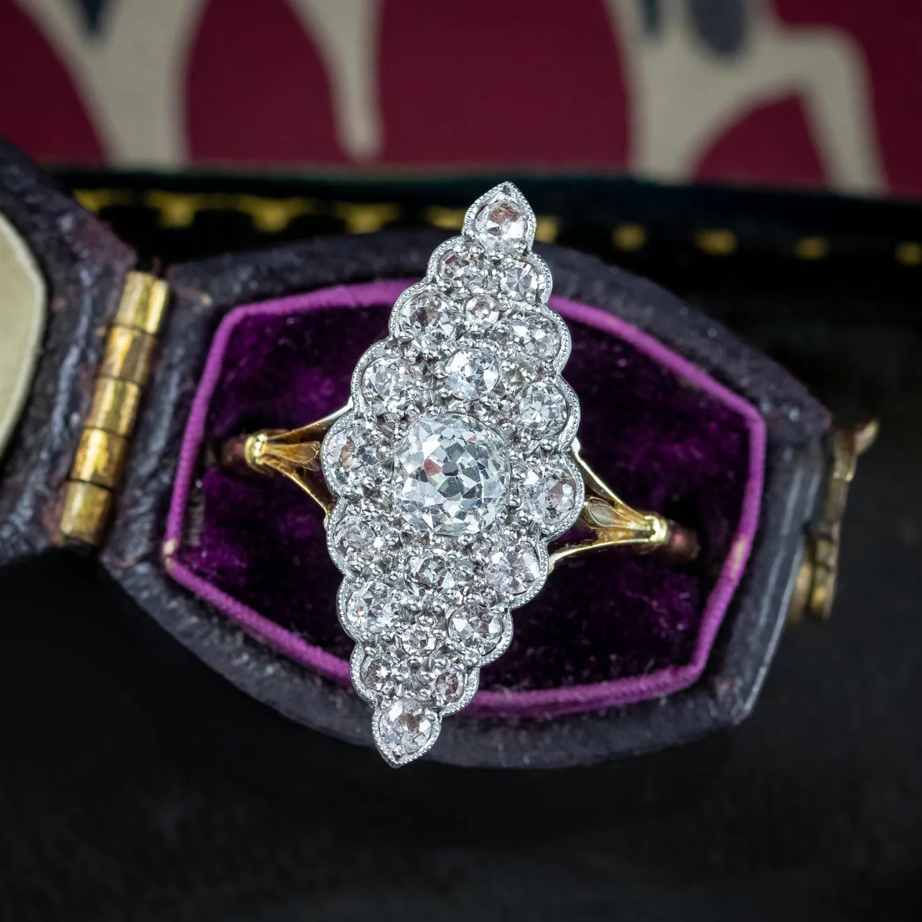 Antique Victorian Diamond Navette Cluster Ring 1.4ct Total