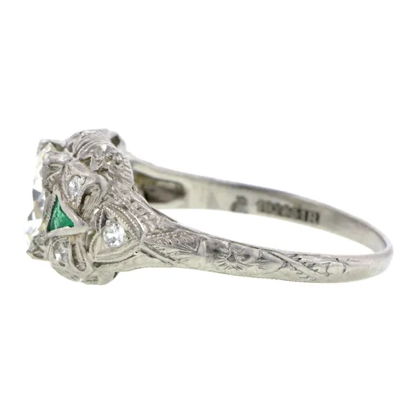 Art Deco Diamond & Emerald* Engagement Ring, TRB 1.06ct