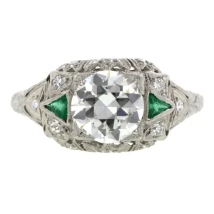 Art Deco Diamond & Emerald* Engagement Ring, TRB 1.06ct