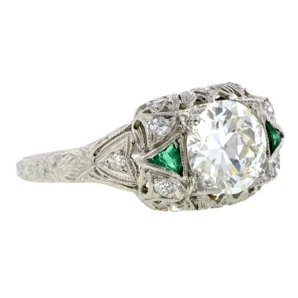 Art Deco Diamond & Emerald* Engagement Ring, TRB 1.06ct