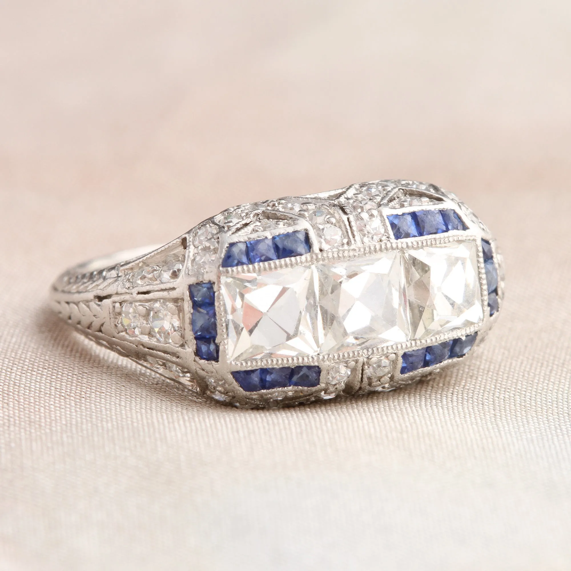 Art Deco French Cut Diamond Trilogy Ring